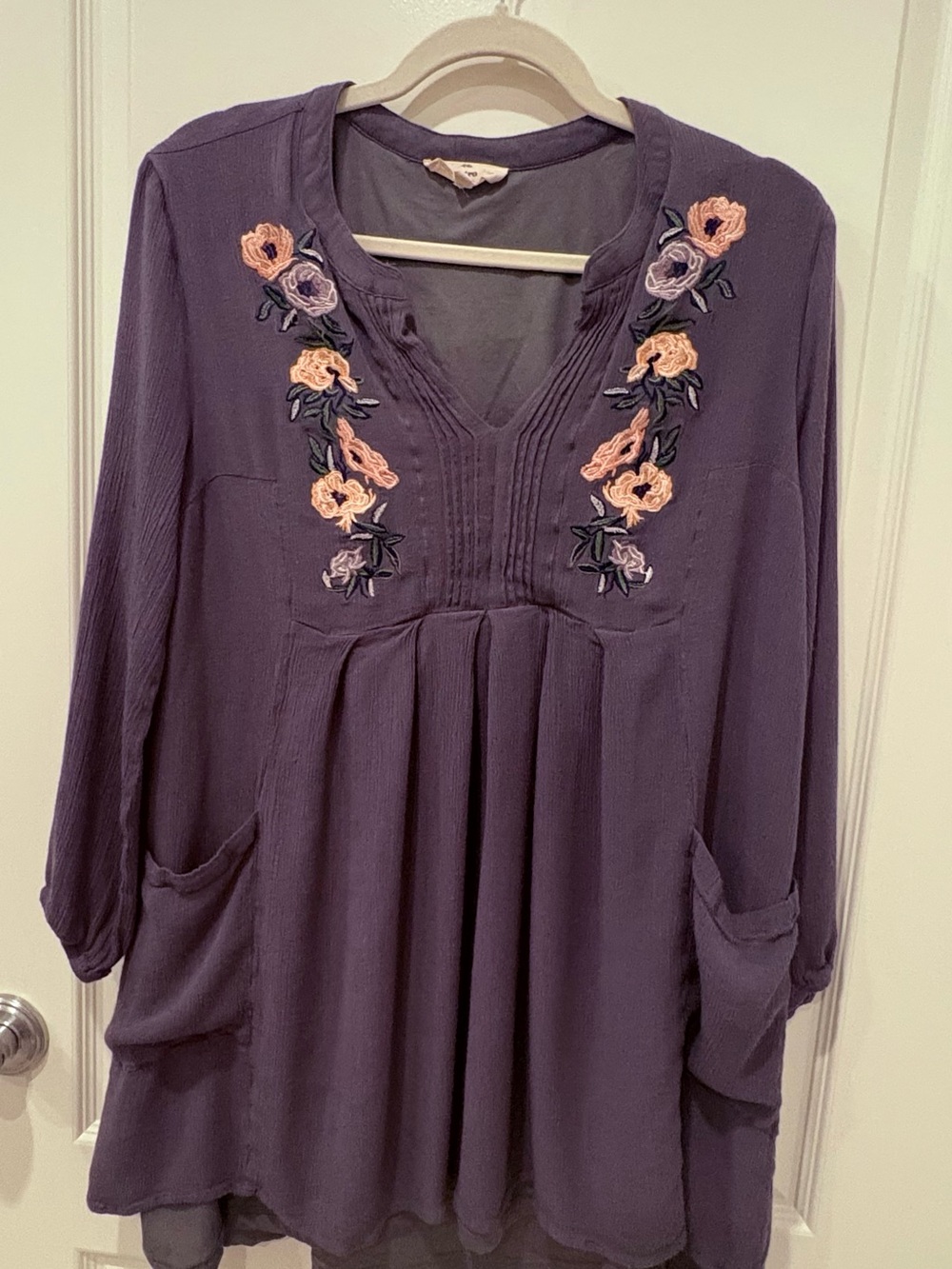 Entro Bohemian Purple Floral Embroidered Tunic Blouse Top Large